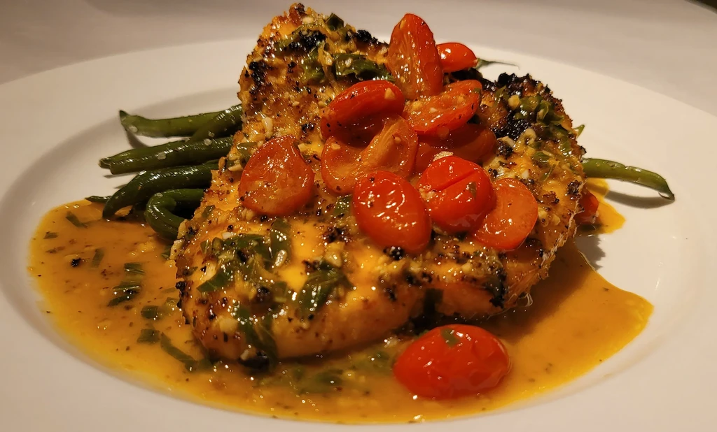 Grilled chicken or fish, cherry tomatoes, green beans, and orange sauce.
