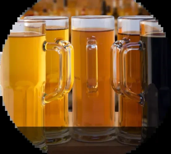 Five beer mugs with various amber and dark beers on a bar.