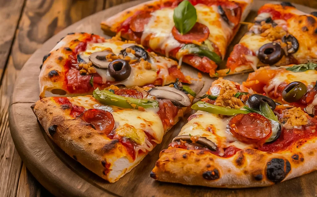 Sliced pizza with pepperoni, olives, mushrooms, cheese on a wood board.