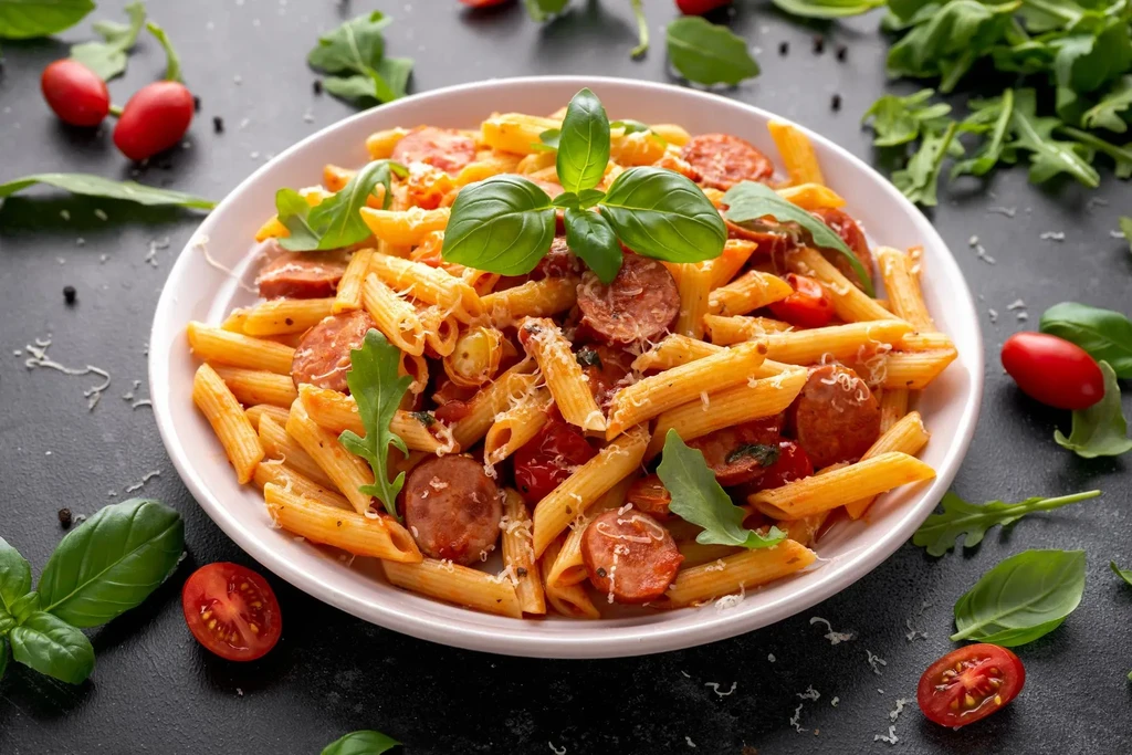 Penne pasta with sausage, tomatoes, basil, and grated cheese.