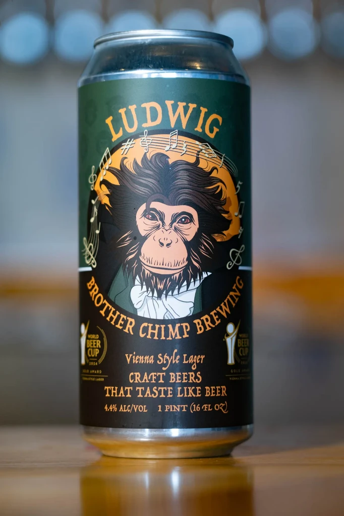 Can of Ludwig Brother Chimp Brewing Vienna Lager with suited chimpanzee.