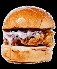 Golden, crispy fried chicken sandwich with coleslaw on brioche bun.