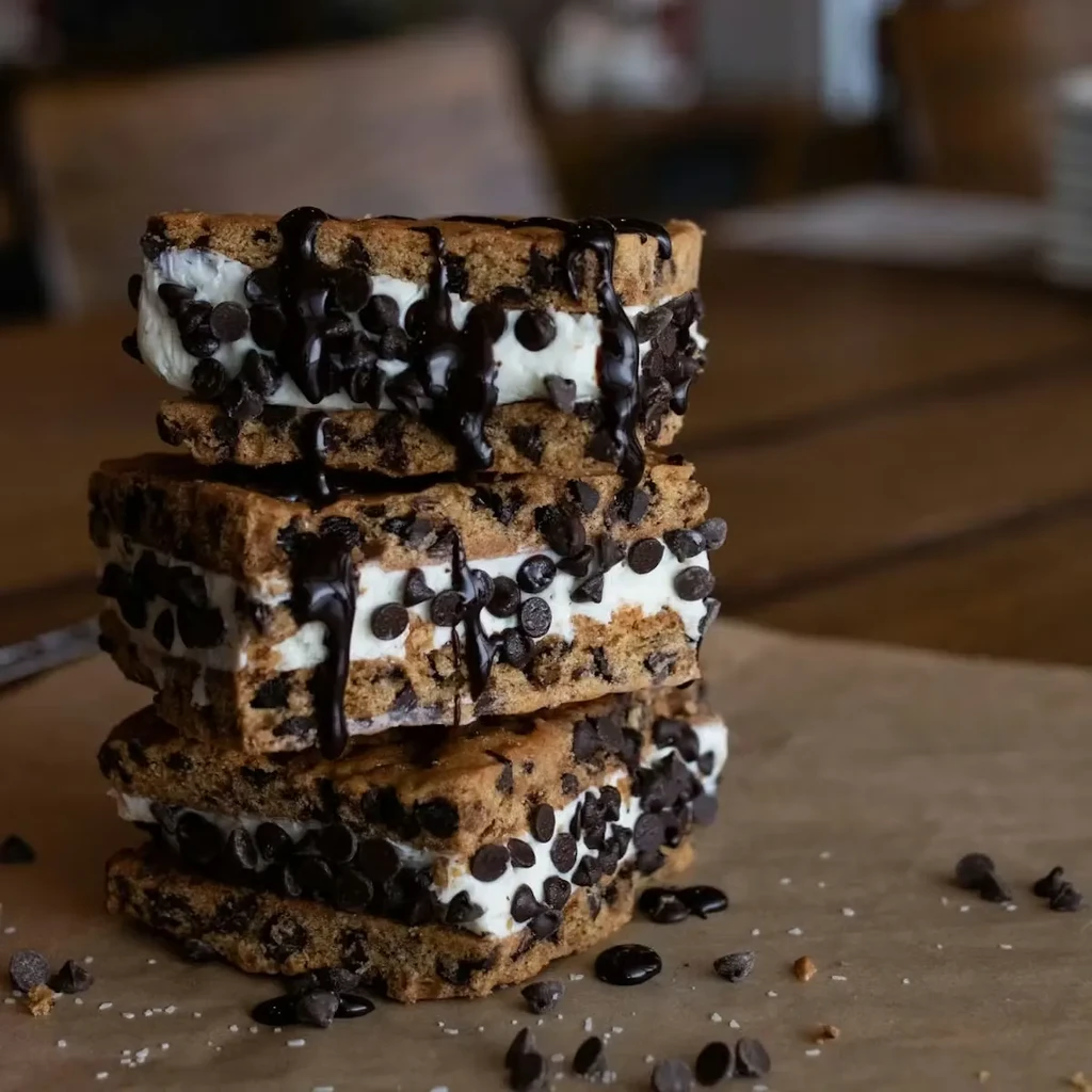 Three stacked chocolate chip cookie ice cream sandwiches with chips and drizzle.