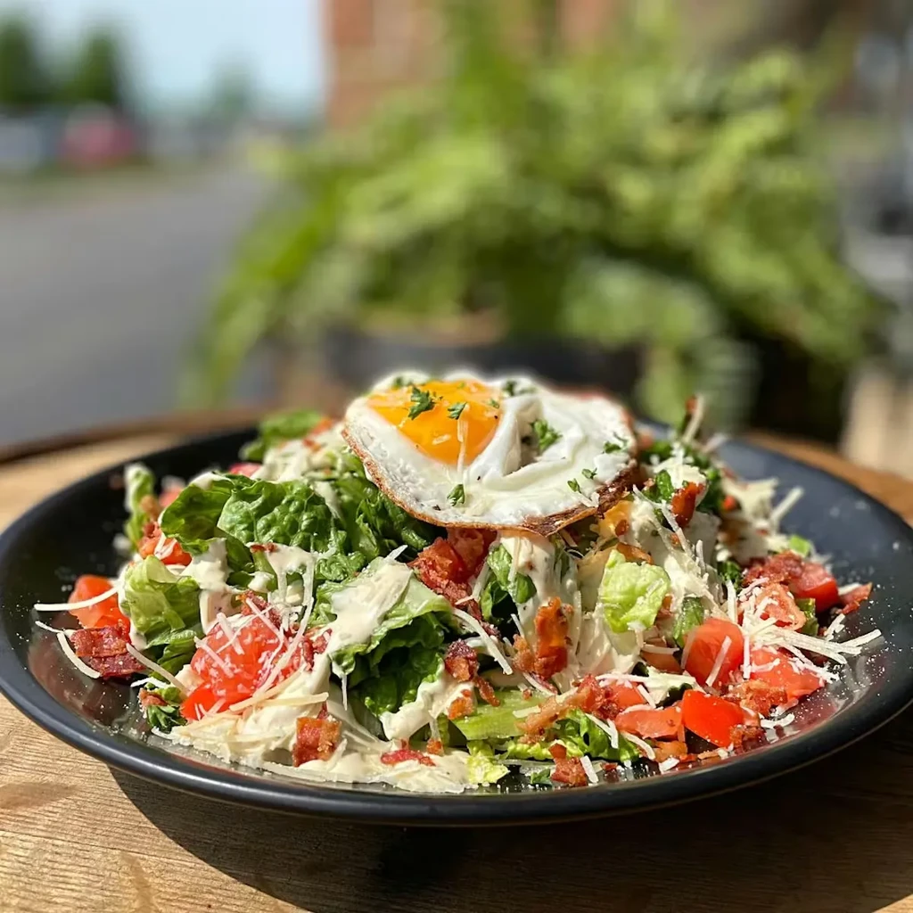 Salad with lettuce, tomatoes, bacon, cheese, fried egg.