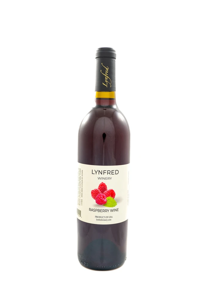 Dark bottle of Lynfred Winery Raspberry Wine with white label.