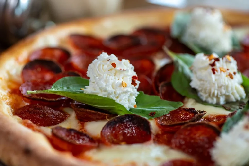 Close-up pepperoni pizza with melted cheese, basil, creamy dollops, chili flakes.