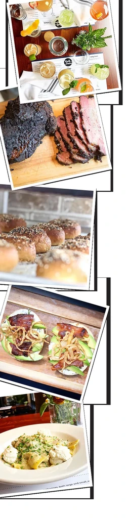 Collage of five food photos: cocktails, meat, baked goods, sandwiches, pasta.