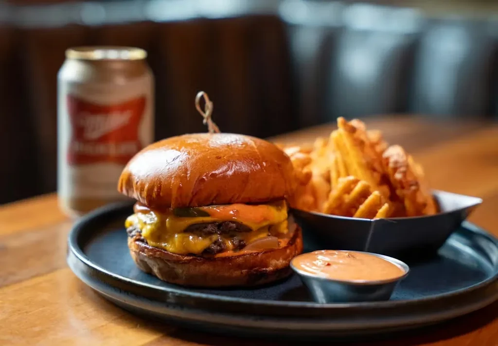 Cheeseburger with waffle fries and dipping sauce on a dark plate.