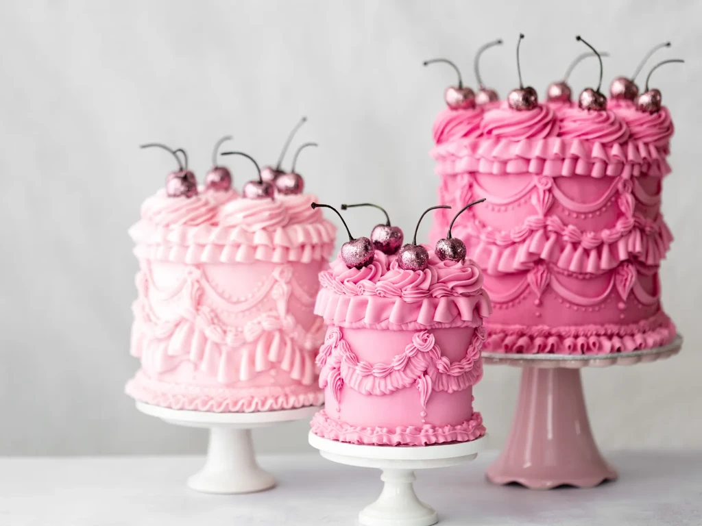 Three pink ornate cakes with ruffled icing and metallic cherries.