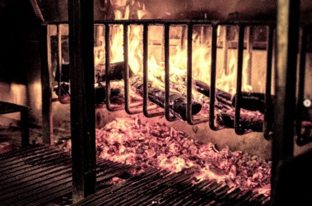 Large, open-flame grill with burning logs and hot embers.