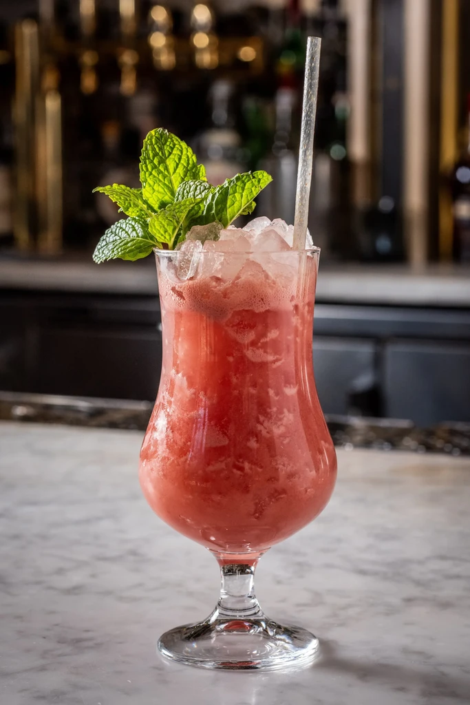 Red frozen cocktail in a stemmed glass with mint and straw.