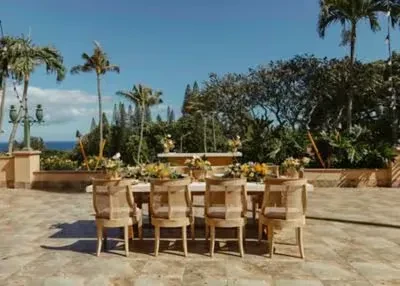 Outdoor dining table with flowers, palm trees, and ocean view.