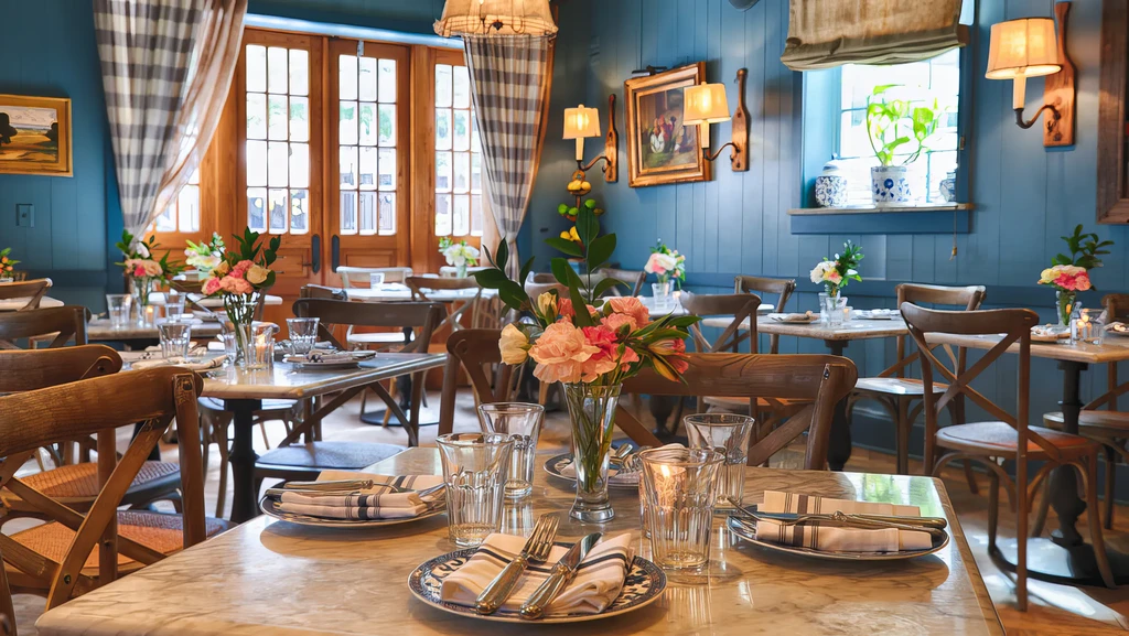 Interior of an elegant restaurant with set tables and floral arrangements.