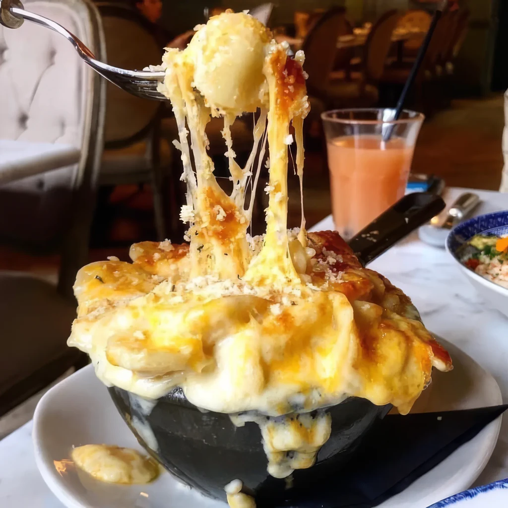 Macaroni and cheese in a skillet, fork lifting gooey cheese.