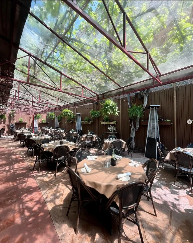 Empty outdoor restaurant patio with tables, chairs, and natural light.