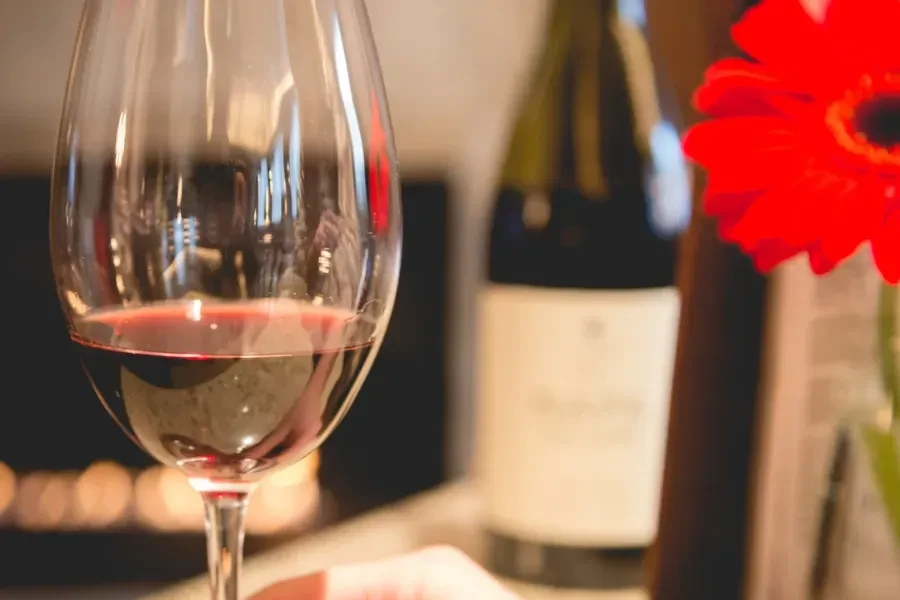 Close-up of a hand holding a wine glass filled with red wine.