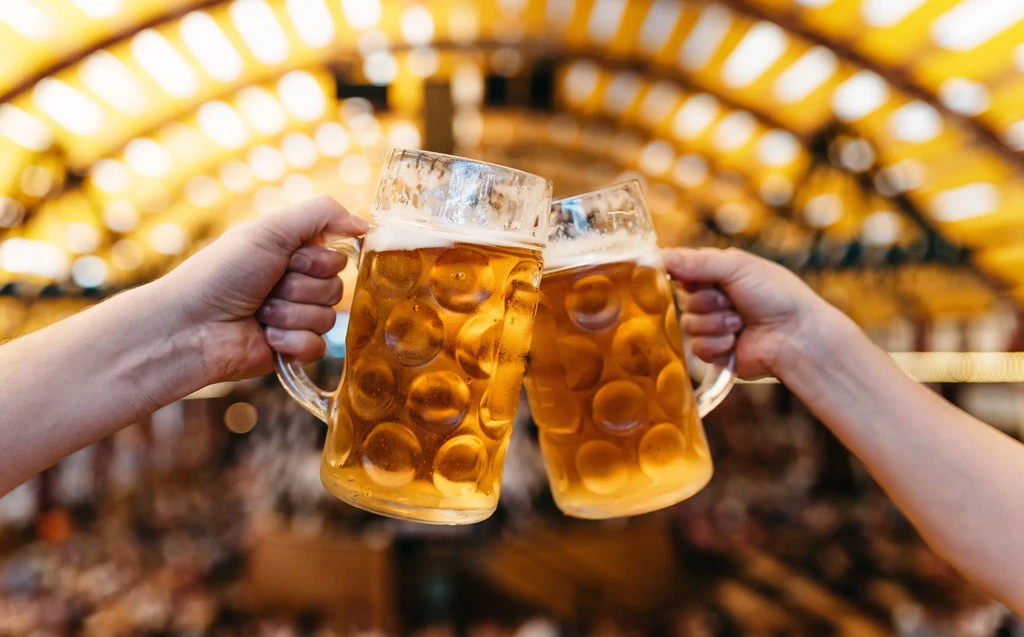 Two hands toast large, dimpled beer steins filled with amber beer.