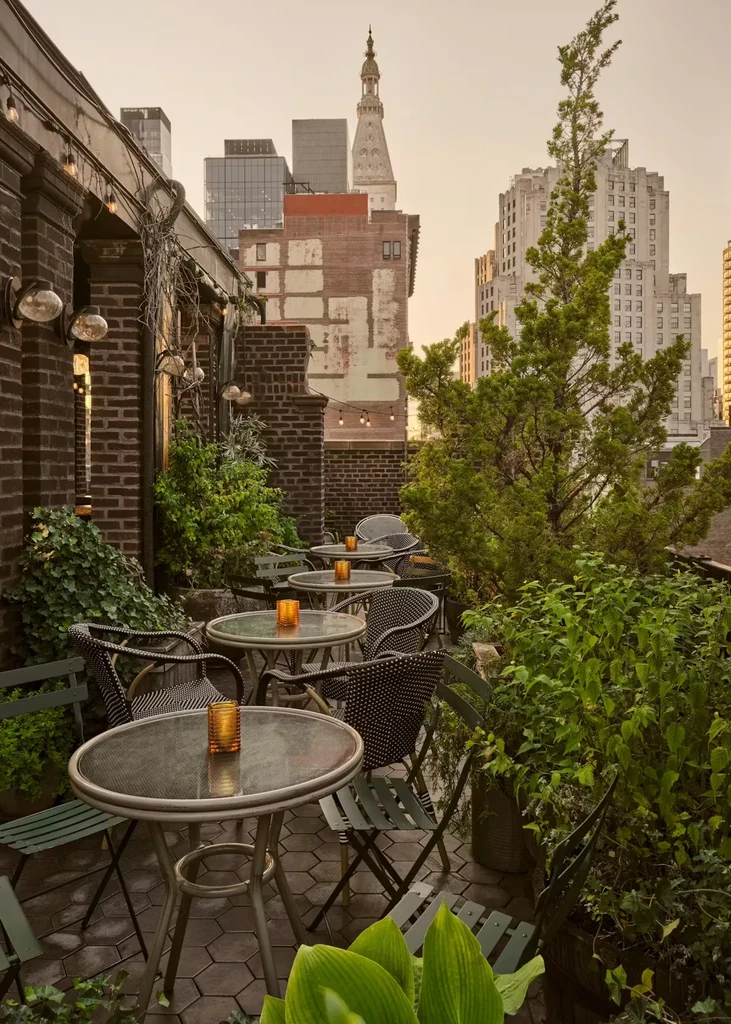 Rooftop patio with tables, chairs, plants, and a city view.