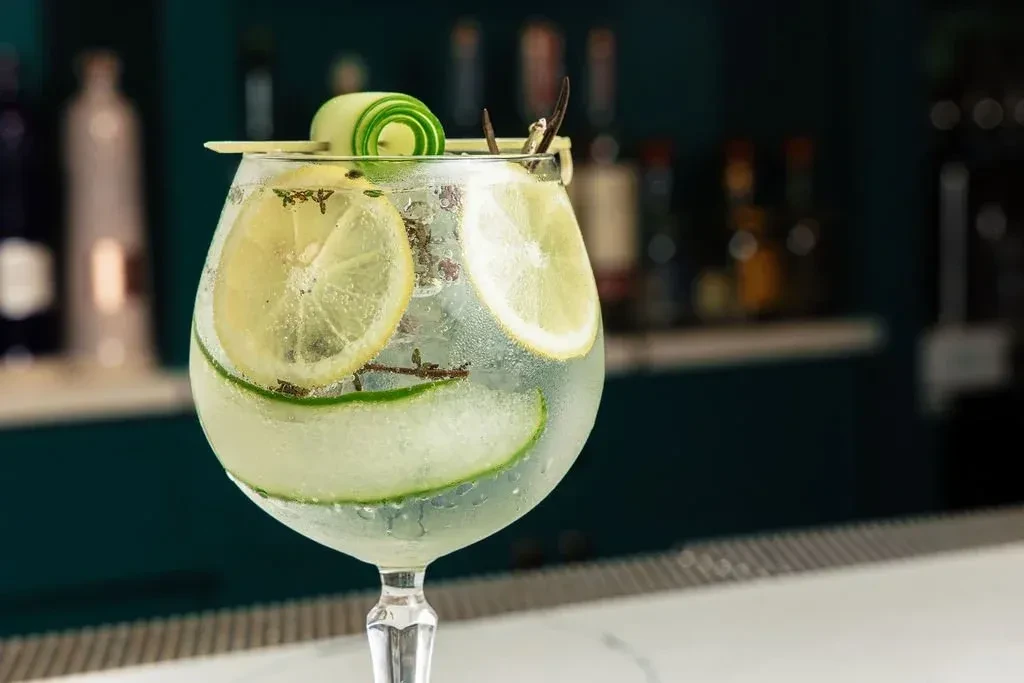 Carbonated cocktail with lemon, cucumber, and herbs in a balloon glass.