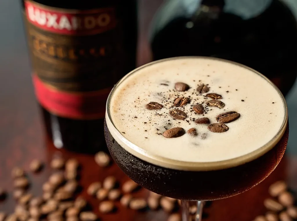 Espresso martini in a coupe glass, garnished with coffee beans.