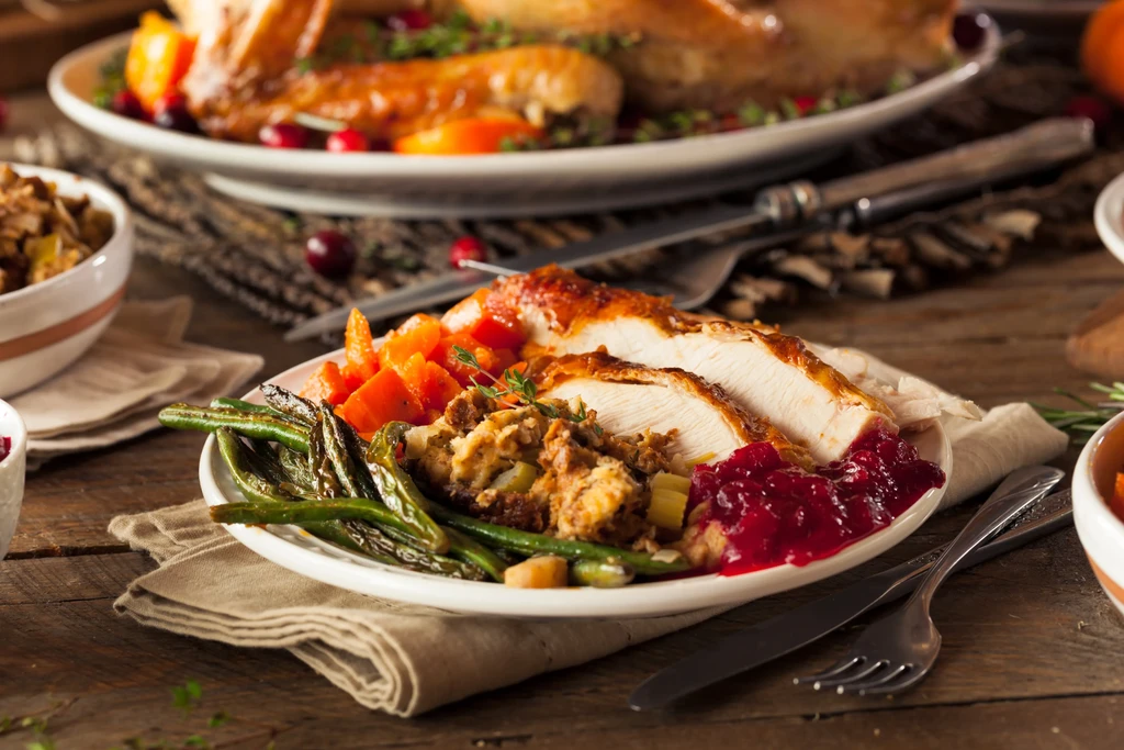 Plate of roasted turkey, green beans, stuffing, carrots, cranberry sauce.