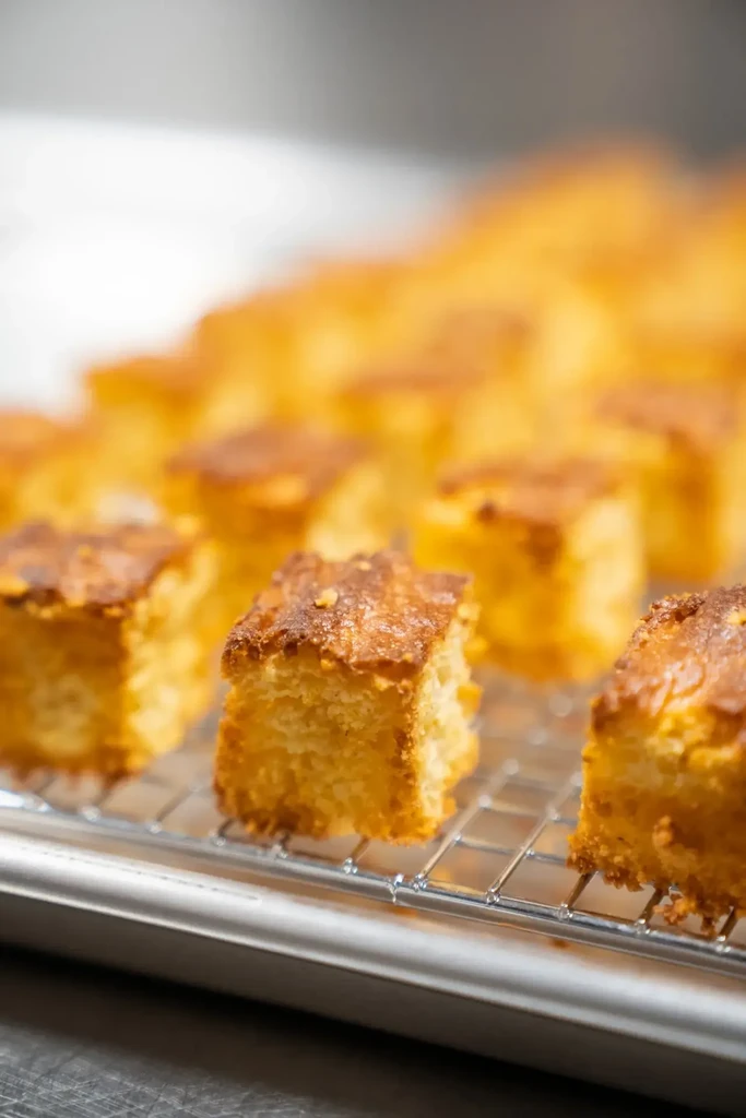 Golden yellow baked goods cooling on a metal rack.