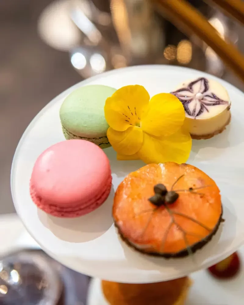Four colorful desserts and an edible flower on a white stand.