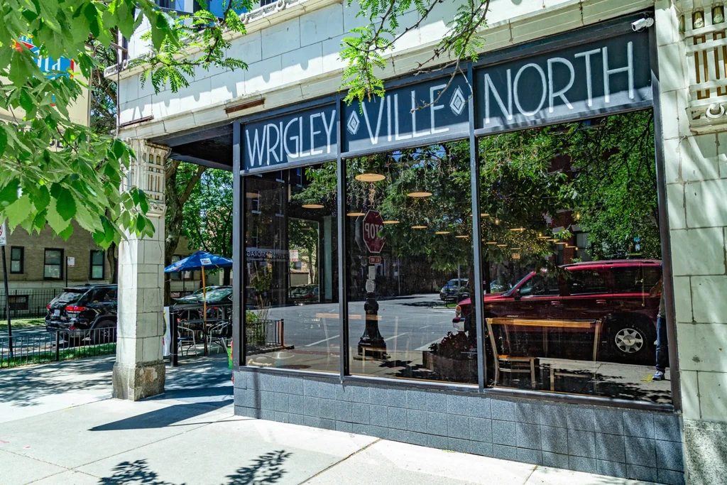 Exterior of Wrigleyville North bar on a sunny day.