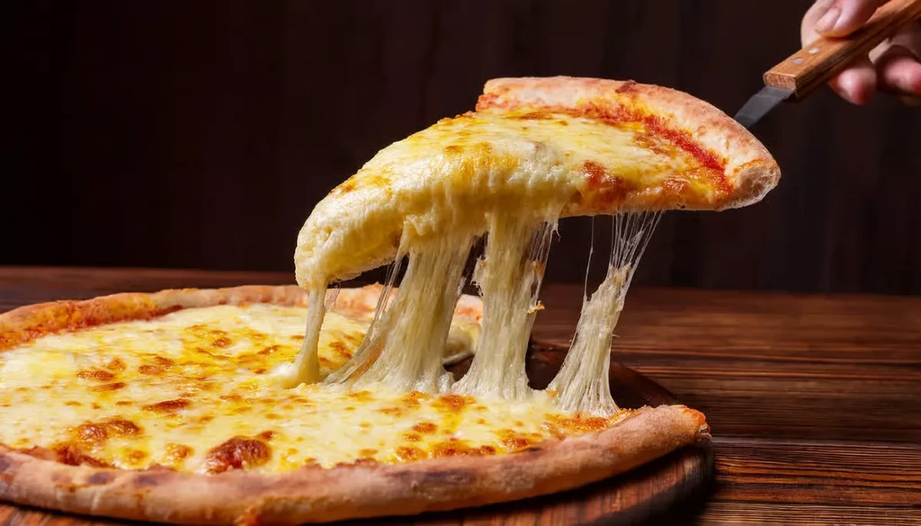 A hand lifts a slice of hot cheese pizza with a wooden server.