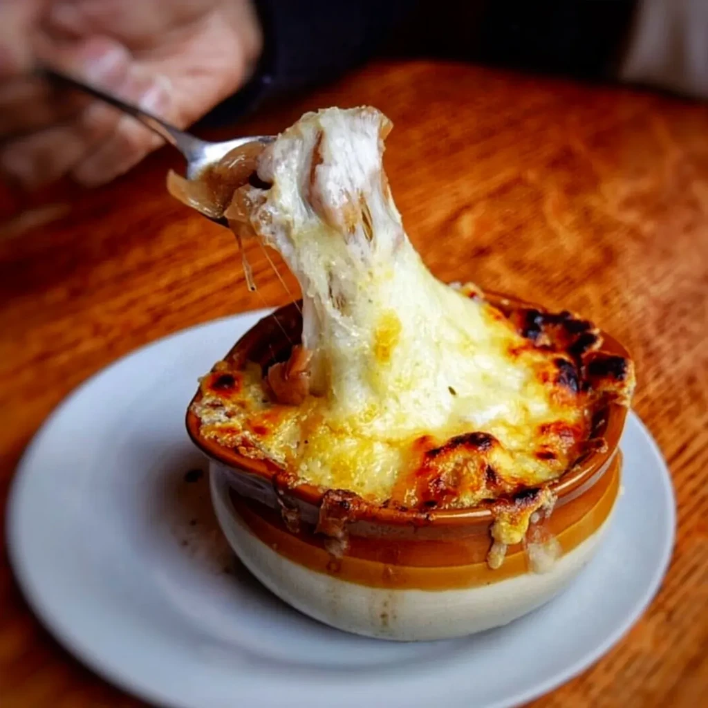Spoon lifts gooey, cheesy French onion soup from ceramic bowl.