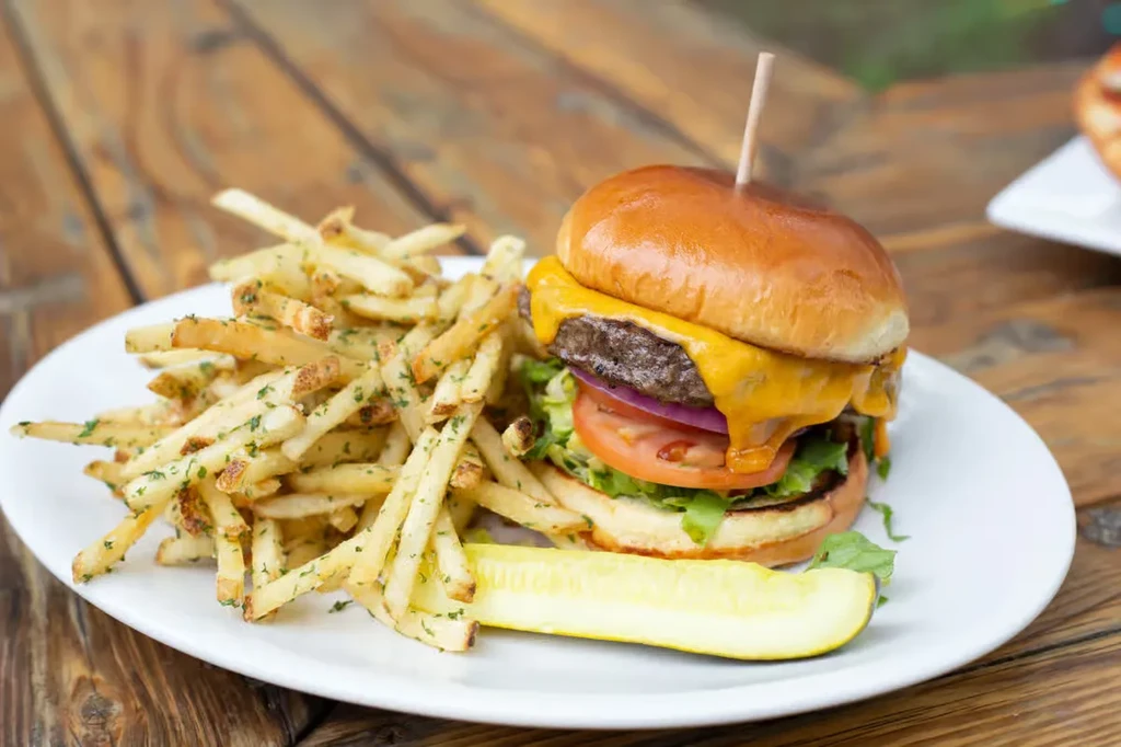 Cheeseburger, french fries, and pickle spear on a white plate.