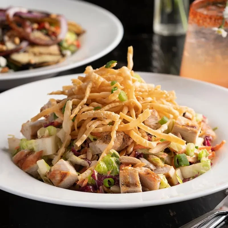 Grilled chicken salad with crispy noodles, green onions, and mixed greens.