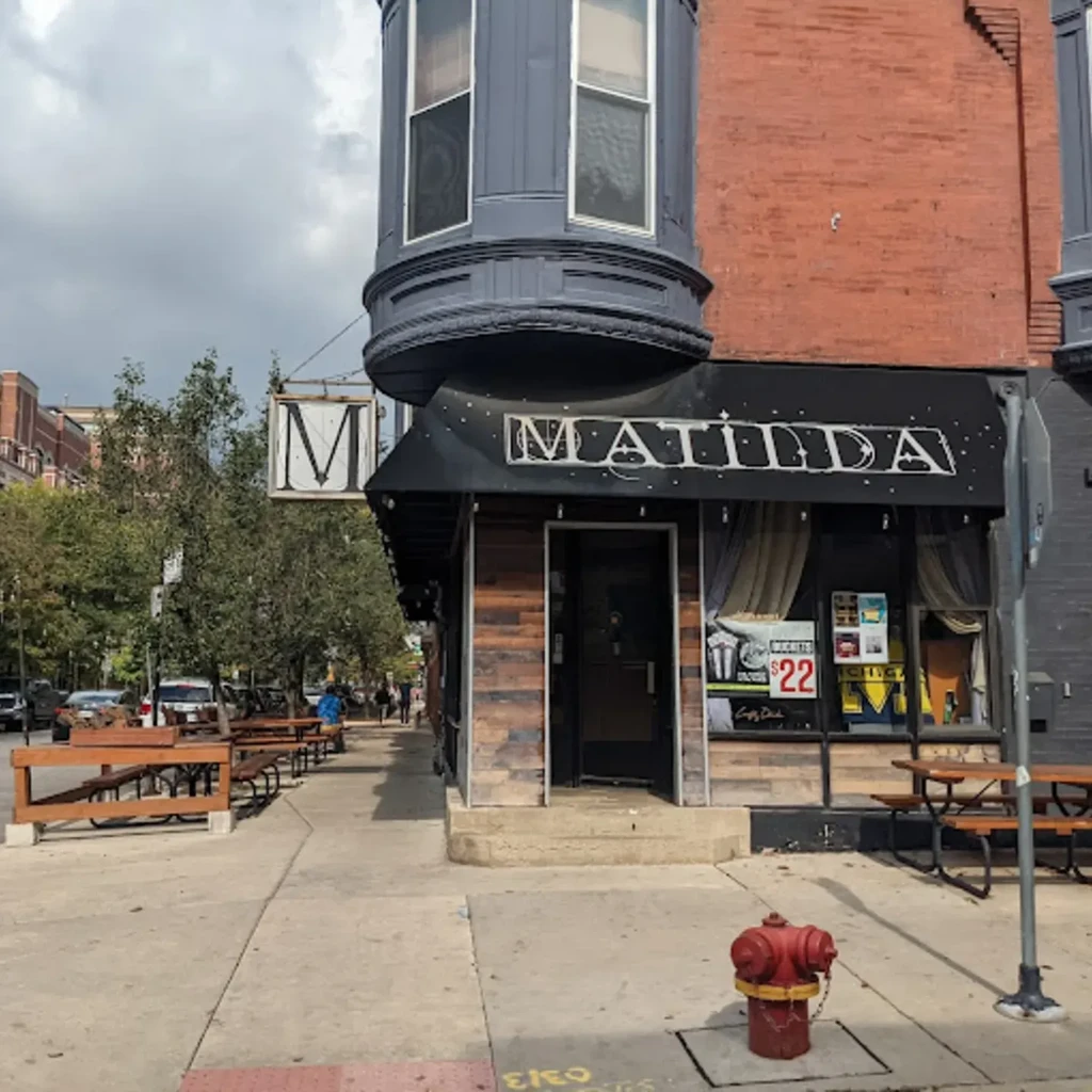 Exterior of Matilda restaurant with outdoor seating on a cloudy day.