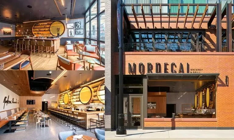 Collage showing interior and exterior views of Mordecai Whiskey & Grill.