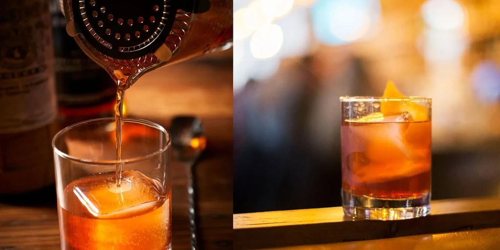 Split image: pouring a drink, and a finished cocktail.