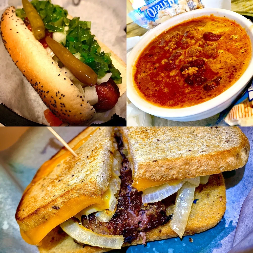 A collage of a hot dog, chili, and a grilled sandwich.