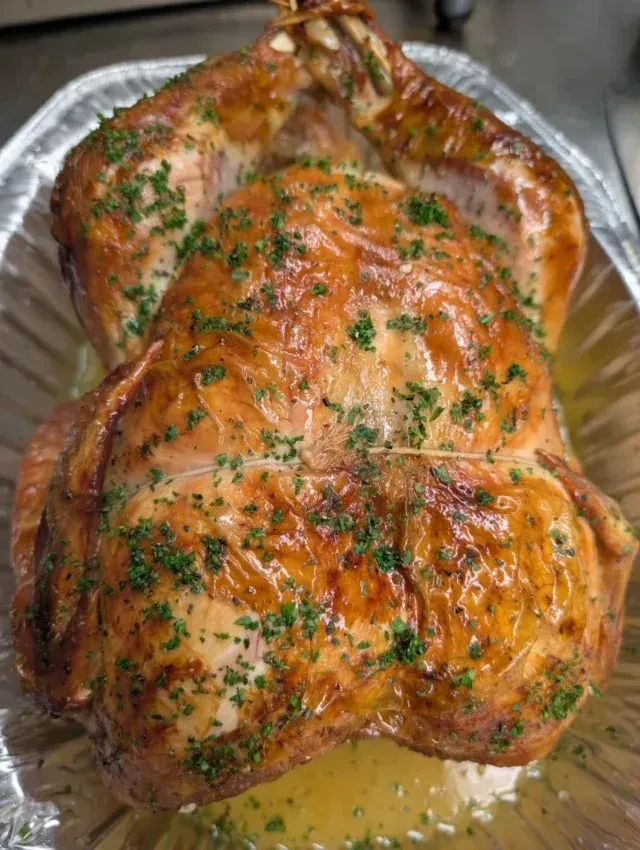Trussed, roasted poultry glistening with crispy skin and green herbs.