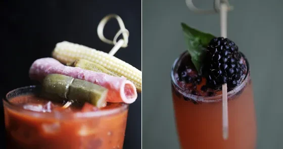 Two cocktails: a Bloody Mary and a blackberry drink.