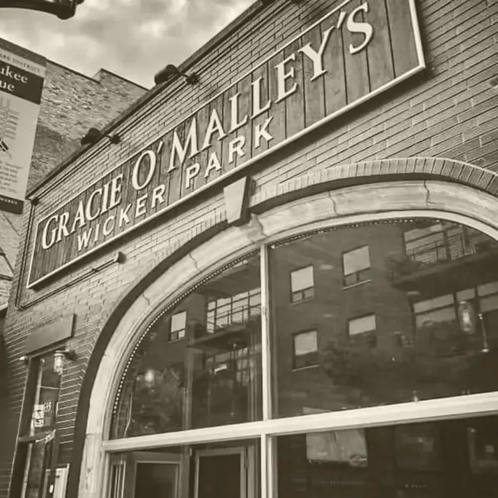 Sepia-toned exterior of Gracie O'Malley's Wicker Park restaurant.