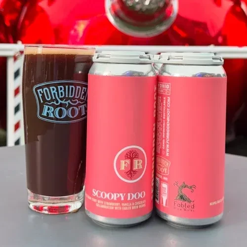 Forbidden Root beer glass and cans on a light grey surface.