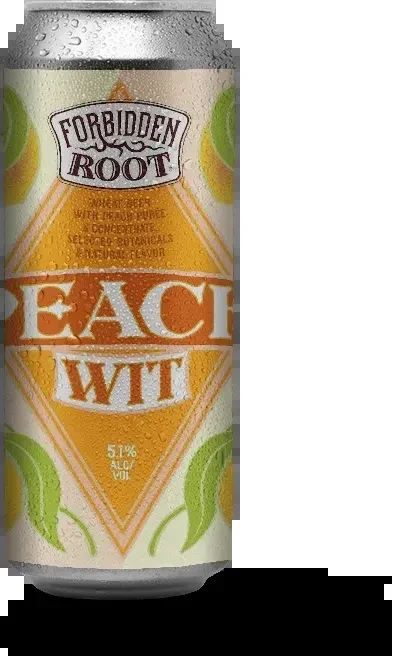 Close-up of a chilled Forbidden Root Peach Wit wheat beer can.