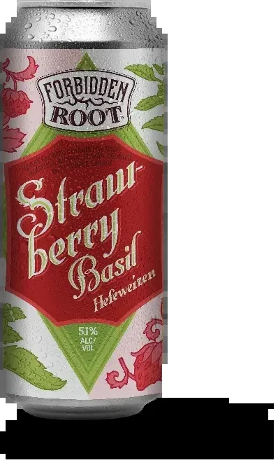 Silver can labeled "Forbidden Root Strawberry Basil Hefeweizen."