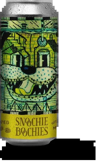 Close-up of a Snoochie Boochies beverage can with condensation.