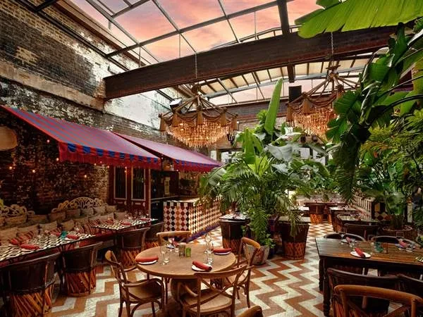 Eclectic restaurant interior with glass ceiling, lush plants, and patterned floor.