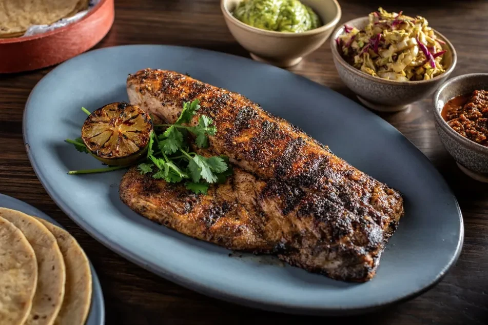 Grilled fish with lime, cilantro, sauces, slaw, and tortillas.
