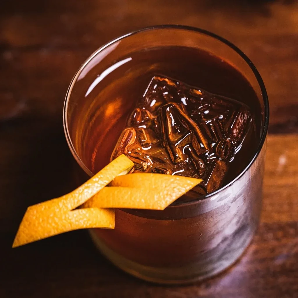 Close-up of an amber cocktail with ice and orange peel garnish.