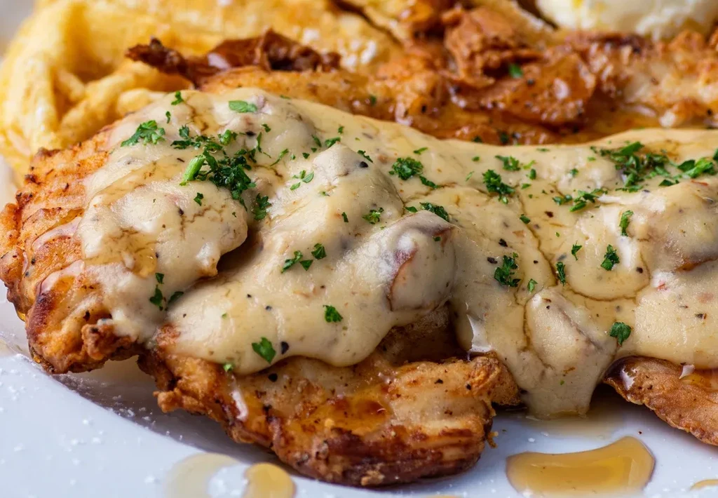 Crispy fried chicken and waffles with creamy gravy and herbs.