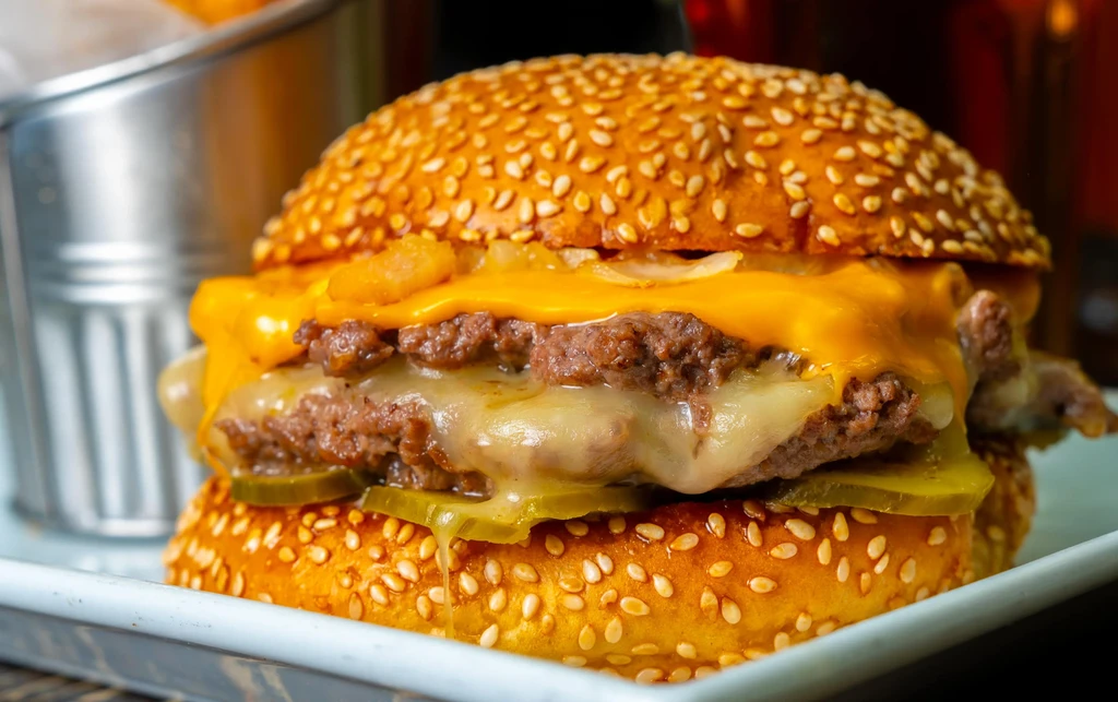 Close-up of a double cheeseburger with sesame bun and caramelized onions.
