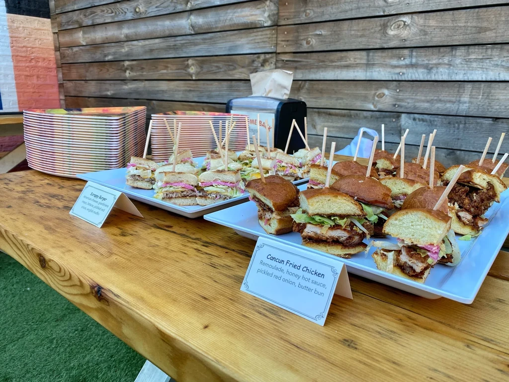Buffet with Scrappy Burgers and Cancun Fried Chicken sliders.