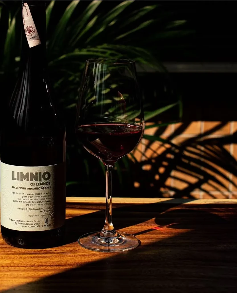 Bottle and glass of red wine with dramatic lighting.